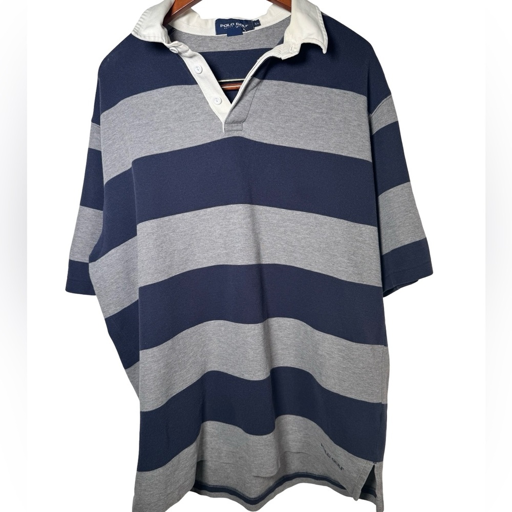 VTG POLO RALPH LAUREN Sz XL Mens Blue Stripe Sport Shirt Bold Rugby Short Sleeve